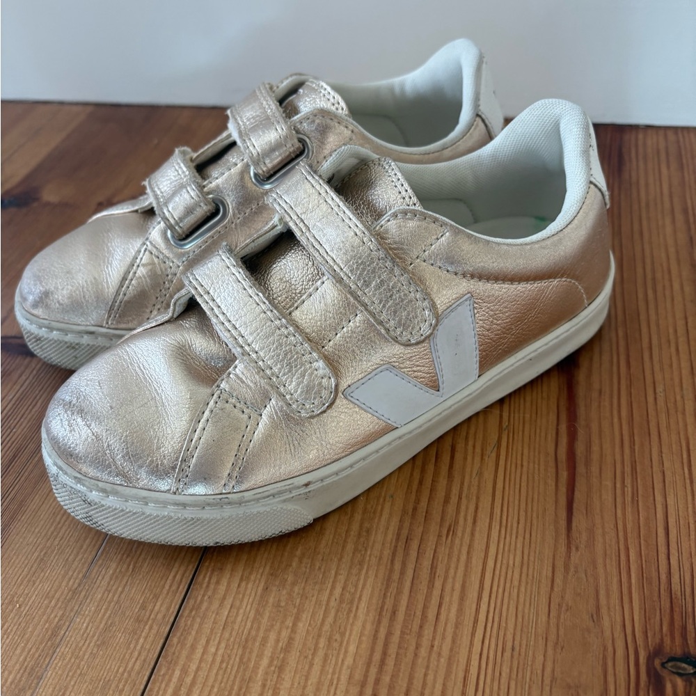 Veja Gold and White Sneakers with Velcro Straps